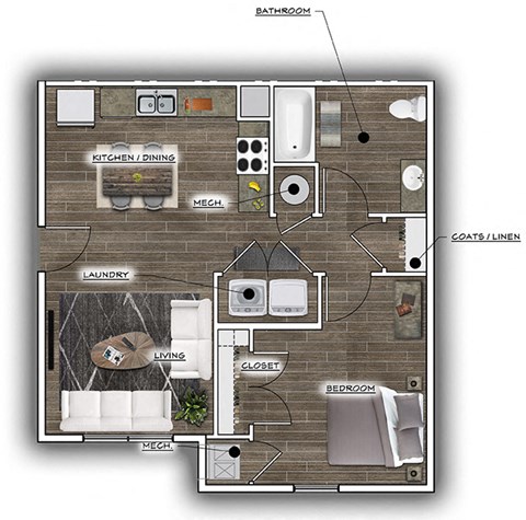 Floor plan for 1 bed, 1 bath, 665 sqft
